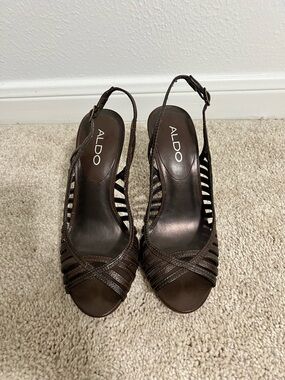 Aldo Brown Strappy Leather Slingback Heels